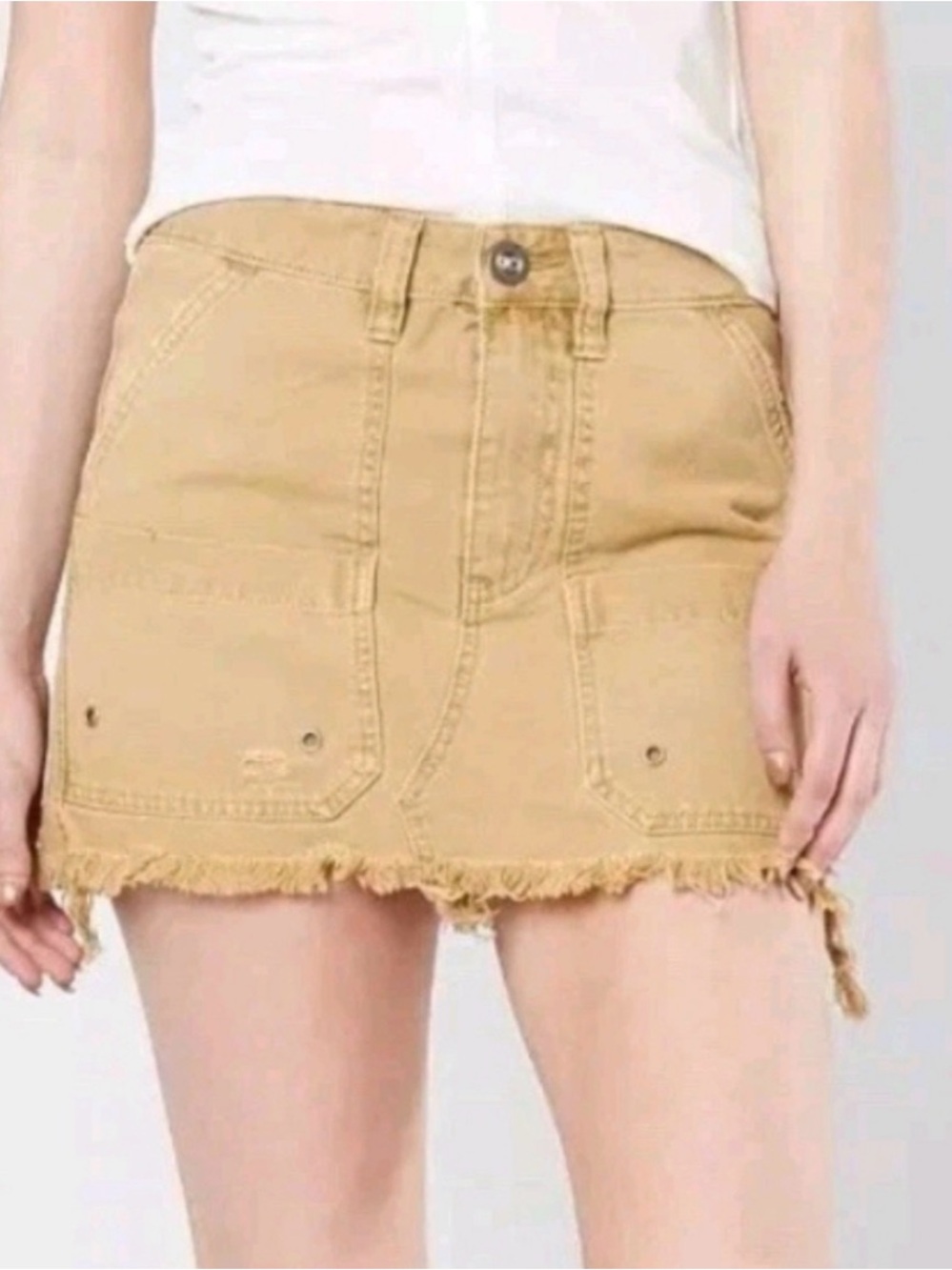 FREE PEOPLE Cargo Khaki Mini Skirt Raw Hem Pockets Boho Festival